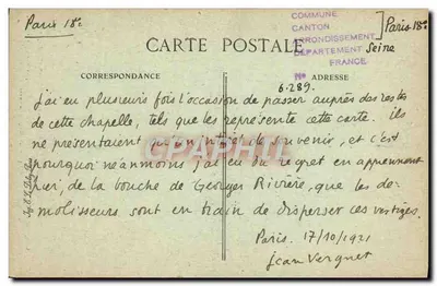 Parijs vroeger — Kapel van de Heilige Drievuldigheid uit de 16e eeuw, Rue du Mont-Cenis, 67 — Uitgever B-D — Achterkant
