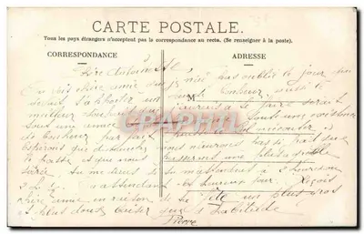 Mężczyzna w stroju — trzymający bukiet kwiatów — kartka pocztowa 'Heureuse Fête Antoinette' — Rewers