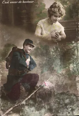 Soldat et jeune femme — scène de guerre avec texte imprimé 'C'est encor du bonheur...' — éditeur E.J.M. n°19