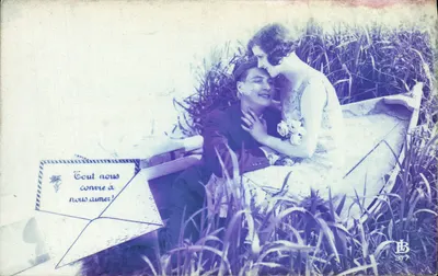 Casal amoroso em um barco — texto impresso e manuscrito — editor L. Bergeret, n° 377