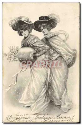 Duas jovens mulheres em vestido e chapéu — cartão de felicitações — editor não visível