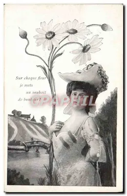 Mulher com chapéu de flores — texto impresso 'Em cada flor coloco um desejo de felicidade' — editor não visível