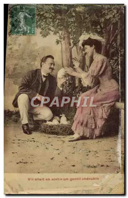 Un couple au bord d'un nid de poussins — scène de jardin — éditeur POSTEL