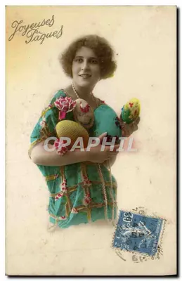 Mulher segurando ovos de Páscoa — Feliz Páscoa — editor desconhecido