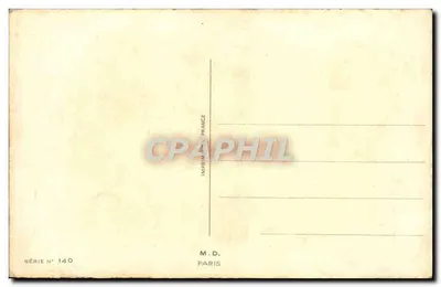 Scena biurowa — mężczyzna z champagnem i prezentem — kobieta przy maszynie do pisania — M.D. Paryż, seria 140 — Rewers