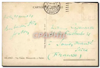 Milano - Via Dante, Monumento a Parini — editore Cartolina Postale, N. 6217 — Verso