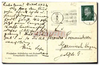 Wiesbaden, Plac Zamkowy z Ratuszem i Ewangelicką Główną Katedrą — wydawca Bremer & Co. n° 34014 — Rewers