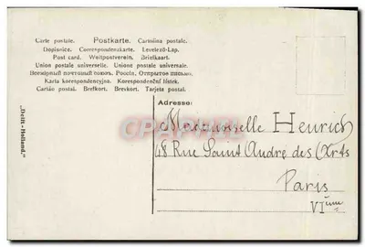 Kobieta w szaliku z kremówkami — krajobraz holenderski z młynami wiatrowymi — wydawca 'Deutsches Postamt' nr 497/4 — Rewers