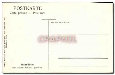 Baden-Baden — vista do novo castelo — Verlag von Edm. von Künig, Heidelberg — Verso