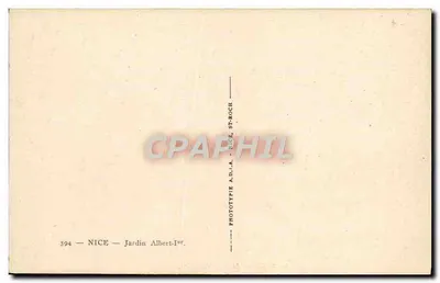 Ogród Albert-Ier — Fontanna z figurami, palmy i widok na Pałac Śródziemnomorski — Fototypia A.D.I.A. St-Roch, Nice, nr 594 — Rewers