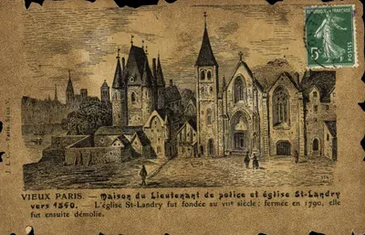 Velho Paris — Casa do Lieutenant de polícia e igreja São Landry em torno de 1540 — J.L.C. Paris, Série N.