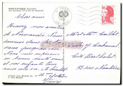 PONT-L'ÉVÈQUE — cartão postal turístico com vista da catedral, do golfe e de uma vila — editor Michelin, n° 14514 — Verso