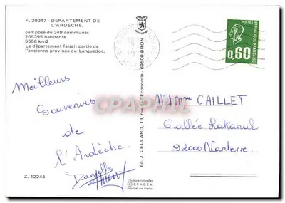 Bilhete postal moderno Departamento De L'Ardeche — Verso
