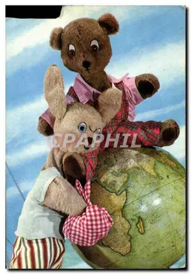 Urso e coelho sobre globo terrestre — As Aventuras de Papouf e Rapaton — editor RTF, classe 50900