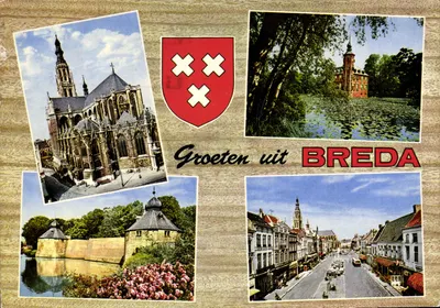 Breda — vista da catedral, do castelo, das fortificações e de uma rua — editor não identificado