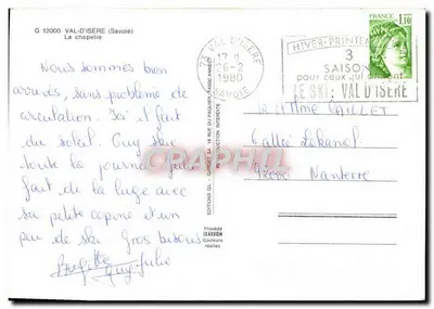 Bilhete postal moderno Val D'Isere La Chapelle — Verso