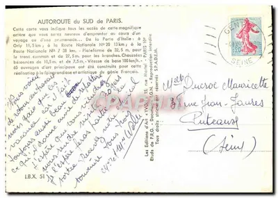 Bilhete postal moderno A Autoestrada do Sul de Paris e Seus Acessos Periféricos Gentilly Arcueil Orleans Rungis — Verso