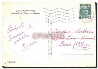Josselin (Morbihan) — Brzegi rzeki Oust i zamek — Les Editions d'Art, Paryż, nr I. B. 3547 — Rewers