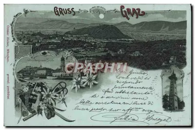 Saudação de Graz — vista panorâmica da cidade e do monte Schlossberg — editor Othmar Zieher, München