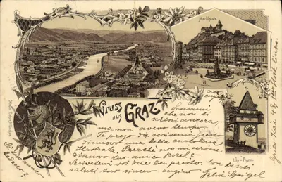 Bilhete postal antigo Saudações Graz Leão