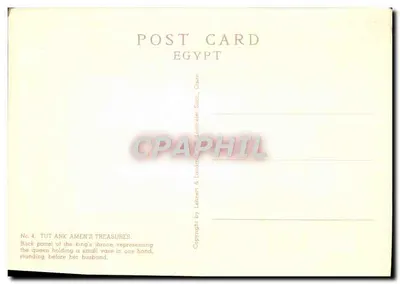 Skarby Tutankhamuna — Tylna część tronu króla, przedstawiająca królową trzymającą mały naczynie w jednej ręce, stojącą przed mężem — Lambelet Succ., Kair — Rewers
