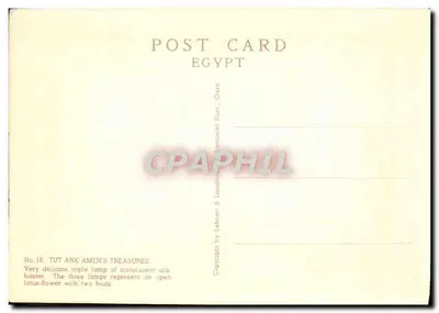 Trójramienna lampa z przeźroczystego alabastru — Tutankhamun — Wydawnictwo Landro & Lehner, Kair — Rewers