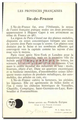 Ile-de-France — Les Provinces Françaises — Édition spéciale des Produits Éclipse — Verso