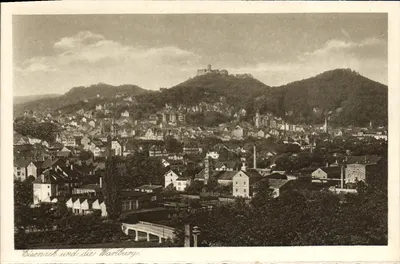 Eisenach e a Wartburg — Impressão em gravura de Bruno Hansmann, Número 15601