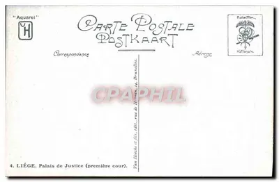 Liegi - Palazzo di Giustizia (prima corte) — acquarello di Fernand Hoocke — editore Van Eecke & figli, Liegi — Verso
