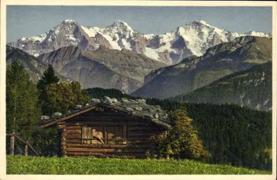 Alpejski chalet — zasne góry — wydruk w Szwajcarii
