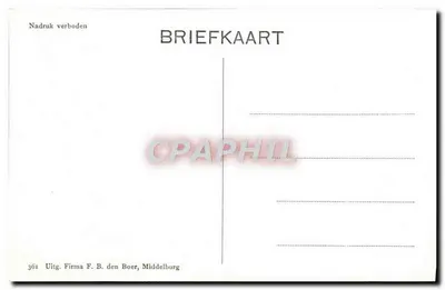 Aan de Zuiderzee — widok morski z parą w strojach tradycyjnych — Firma F. B. den Boer, Middelburg, n° 361 — Rewers