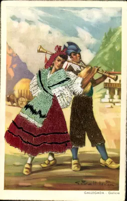 Bilhete postal antigo Gallegada Golicio Folclore Espanha