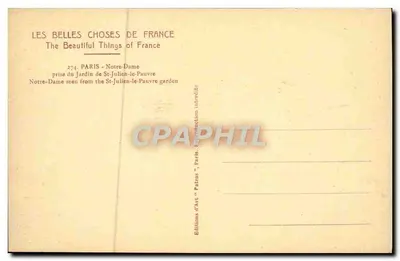 Notre-Dame w Paryżu — widok z ogródka St-Julien-le-Pauvre — wydawca Patras, n°274 — Rewers