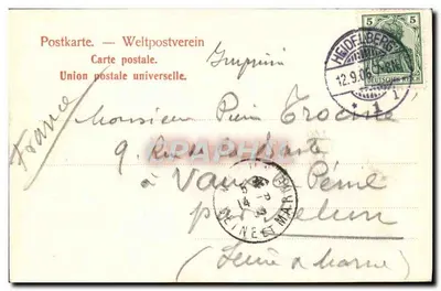 Heidelberger Schloss — Widok przez drzewa z tarasu — Dr. Trenkler Co., Leipzig, n° 9508 — Rewers