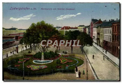 Ludwigshafen a. Rh. — Praça do Mercado com o Monumento a Schiller — editor não identificado