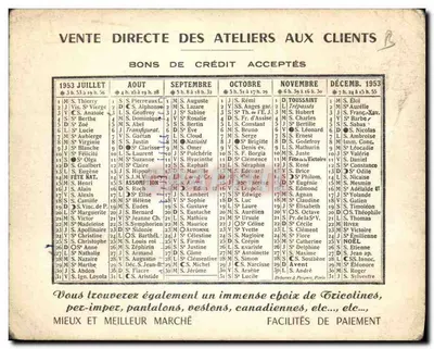 Kalendarz w formacie kartki pocztowej Depot des Fabricants Rue St Antoine Paris Rok 1953 — Rewers