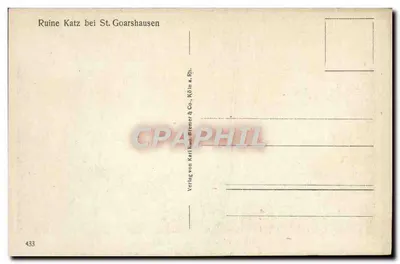 Ruina Katz przy St. Goarshausen — widok panoramiczny na Rzeka Ren i zrujnowany zamek — wydawca Karl Kud-Bremer & Co., Kœln a. Rh. — Rewers