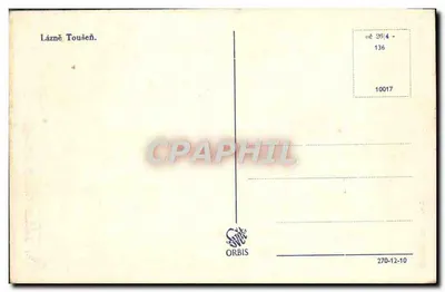 Lázně Toušeň — widok placu z drzewami i budynkami — wydawca ORBIS, numer seryjny 136 — Rewers