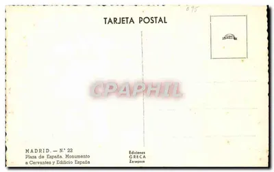 Madrid — Plaza de España. Monumento a Cervantes y Edificio España — Ediciones GRECA Zaragoza, N° 22 — Reverso