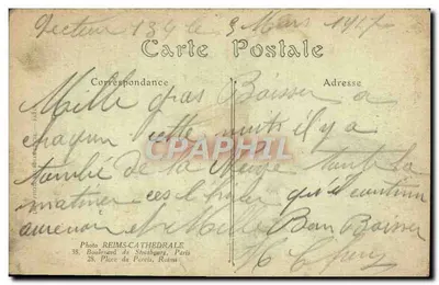 Reims — Pożar i bombardowanie Reims — Widok z ulicy Grue — G. F. — Nr 147 — Rewers