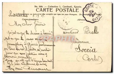 Ajaccio. Monto d'oro. — Vue panoramique depuis un promontoire rocheux avec un homme assis en arrière-plan, éditeur 'CARTE POSTALE' (verso) — n° 666 — Back