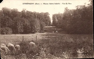 Bilhete postal antigo Etrepagny Maison Sainte Isabelle Vista do Parque Ovelhas