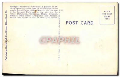 Biscayne Boulevard, Miami, Fla. — hotel McAllister — editor Novelty-Craft Co., n° K 1139 — Verso