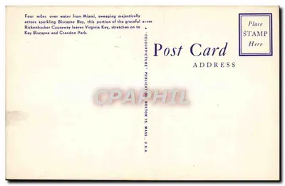Novo Rickenbacker Causeway entre Crandon Park e Miami, Flórida — A-COLOURPICTURE - Publicação Boston 15, Mass. U.S.A. — Verso