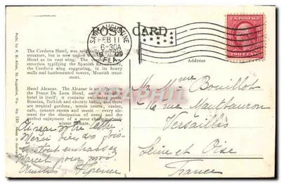 Cordova Hotel e Alcazar Hotel, St. Augustine, Fla. — Publ. by R. B. Allen, St. Augustine, Fla. No. 141 — Verso
