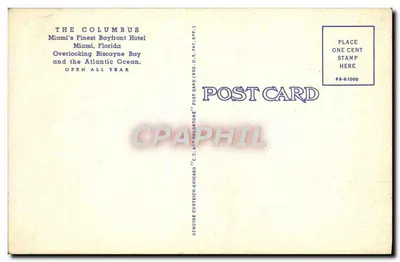 The Columbus — Miami, Florida — Bilhete postal antigo Curtech-Chicago — Verso