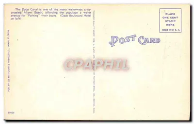 Dade Canal e Dade Boulevard — Miami Beach, Flórida — editor Eli Witt Cigar & Tobacco Co. — Verso