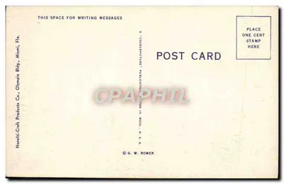 Biscayne Boulevard, Miami, Florida — vista da rua com palmeiras e carros antigos — Novelti-Craft Products Co., Boston, Mass. — Verso