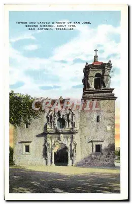 Torre e janela esculpida da segunda missão de San José, San Antonio, Texas — 48