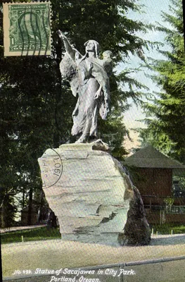Estátua de Sacajawea no City Park — Portland, Oregon — série n°494, impressa na Alemanha